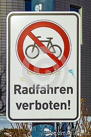 German sign 'Radfahren verboten', which translates to 'cycling forbidden'. Stock Photo